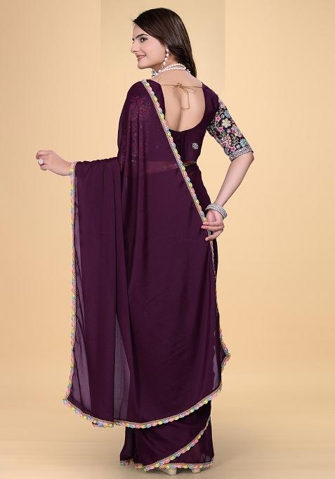 Wine Embroidered Georgette Saree Set