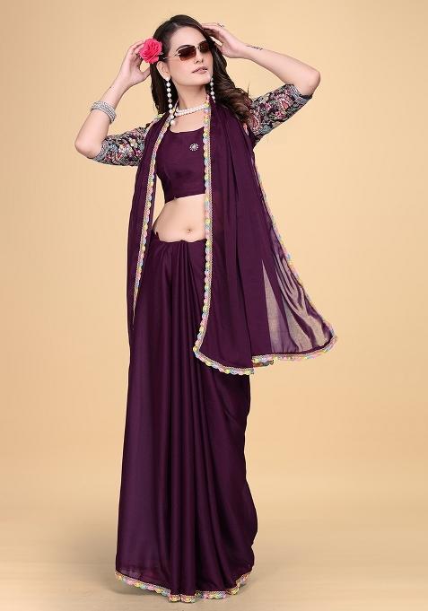 Wine Embroidered Georgette Saree Set