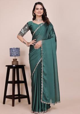 Dusty Bottle Green Embroidered Chiffon Saree Set