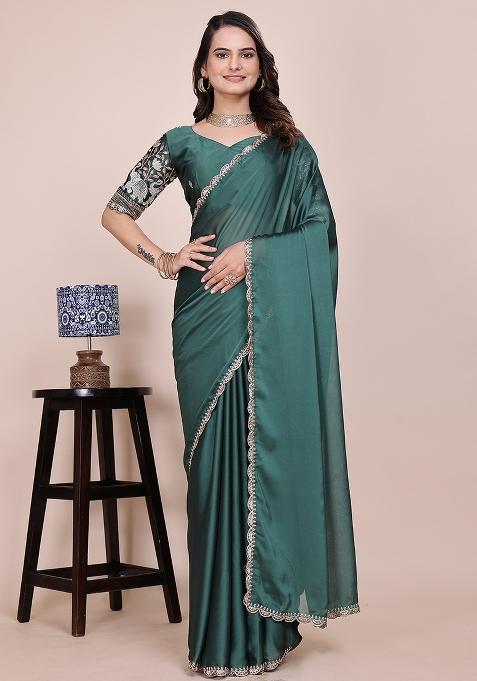 Dusty Bottle Green Embroidered Chiffon Saree Set