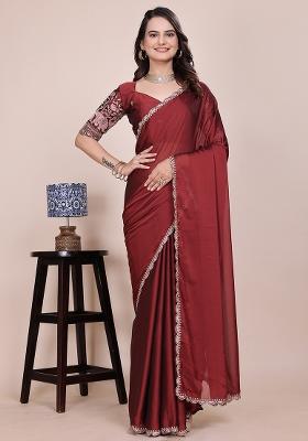 Dusty Maroon Embroidered Chiffon Saree Set