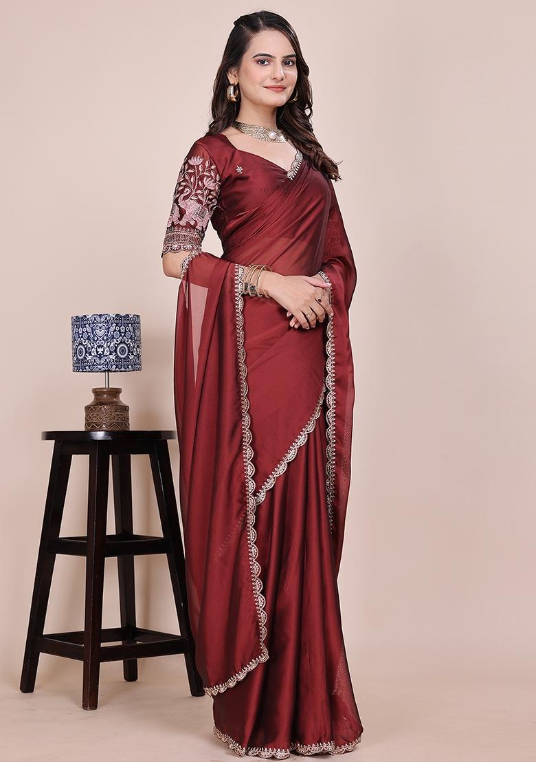 Dusty Maroon Embroidered Chiffon Saree Set - Indya