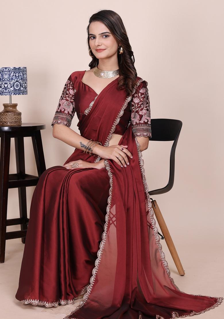 Dusty Maroon Embroidered Chiffon Saree Set - Indya