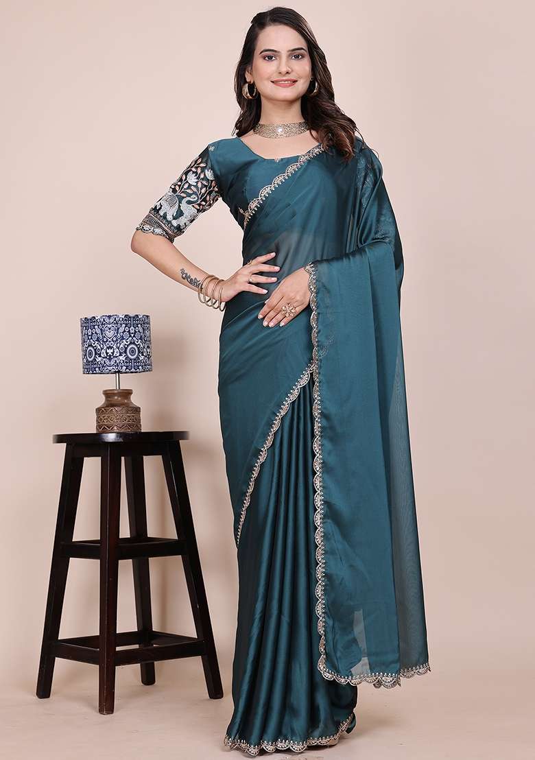 Dusty Morpeach Embroidered Chiffon Saree Set - Indya