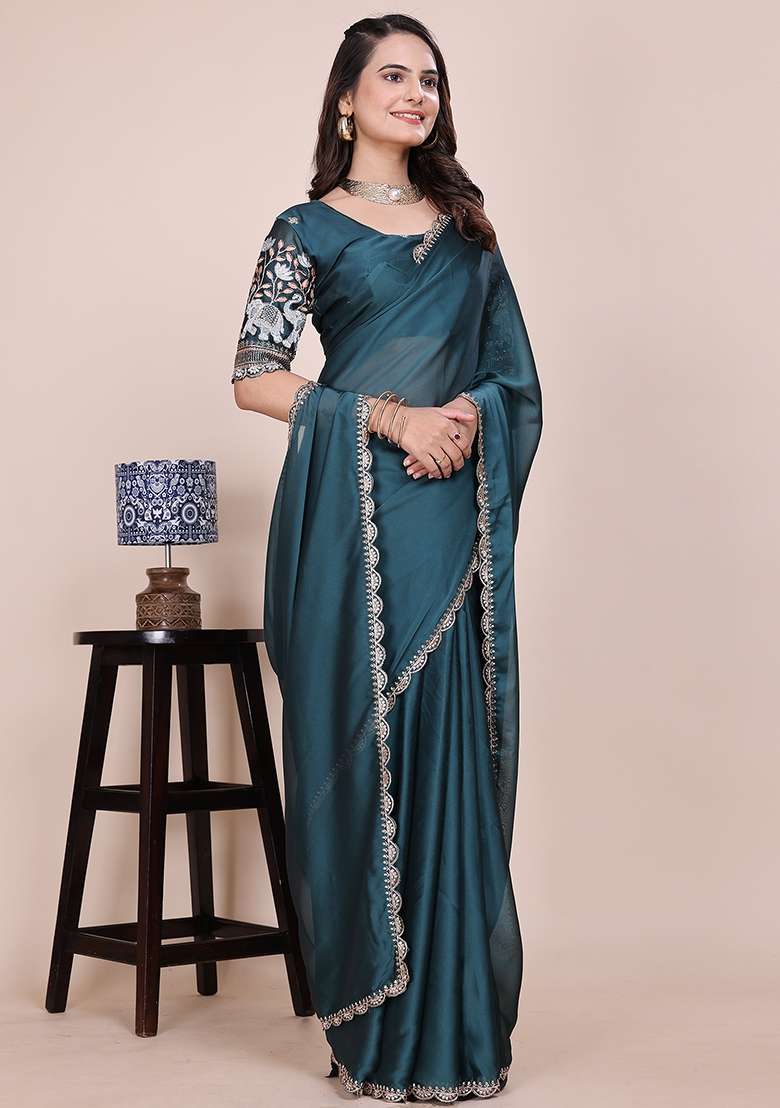 Dusty Morpeach Embroidered Chiffon Saree Set - Indya