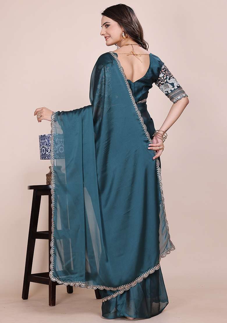 Dusty Morpeach Embroidered Chiffon Saree Set - Indya