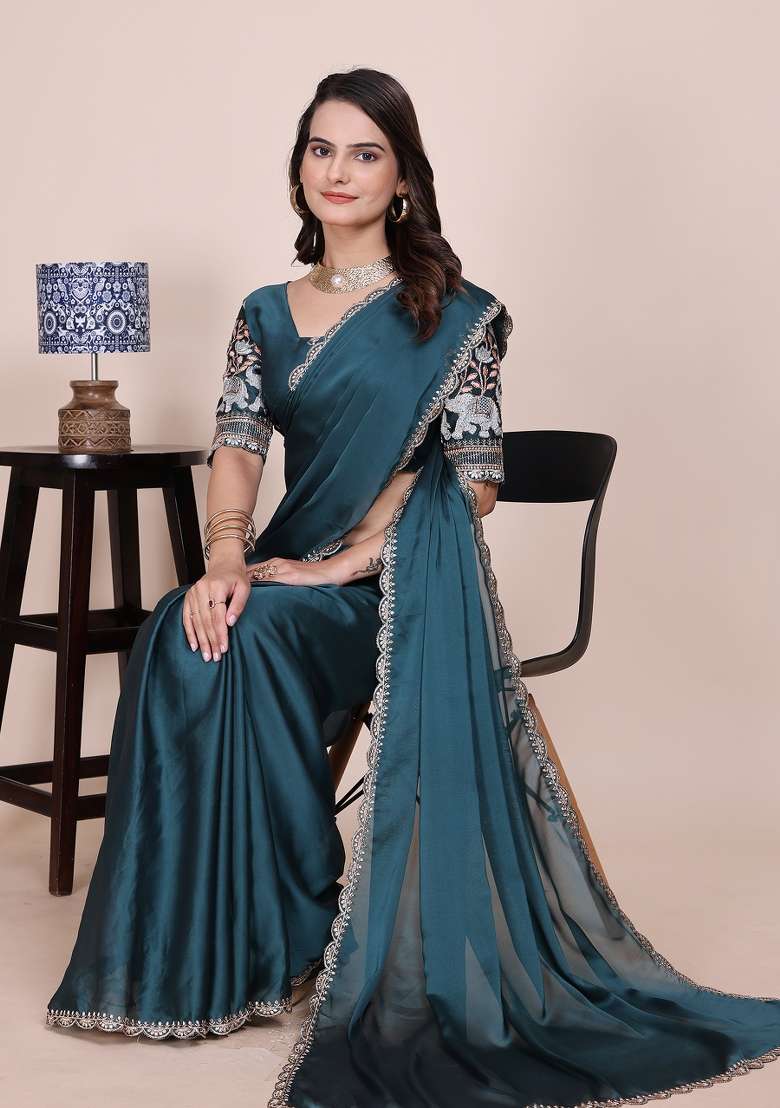 Dusty Morpeach Embroidered Chiffon Saree Set - Indya