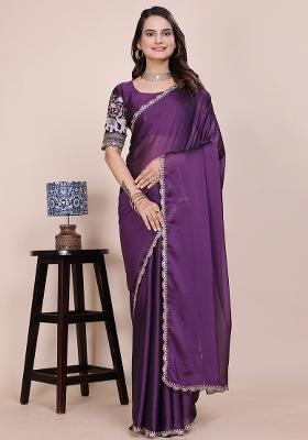 Purple Embroidered Chiffon Saree Set