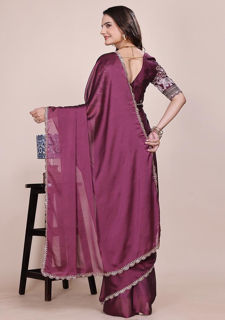 Dusty Wine Embroidered Chiffon Saree Set