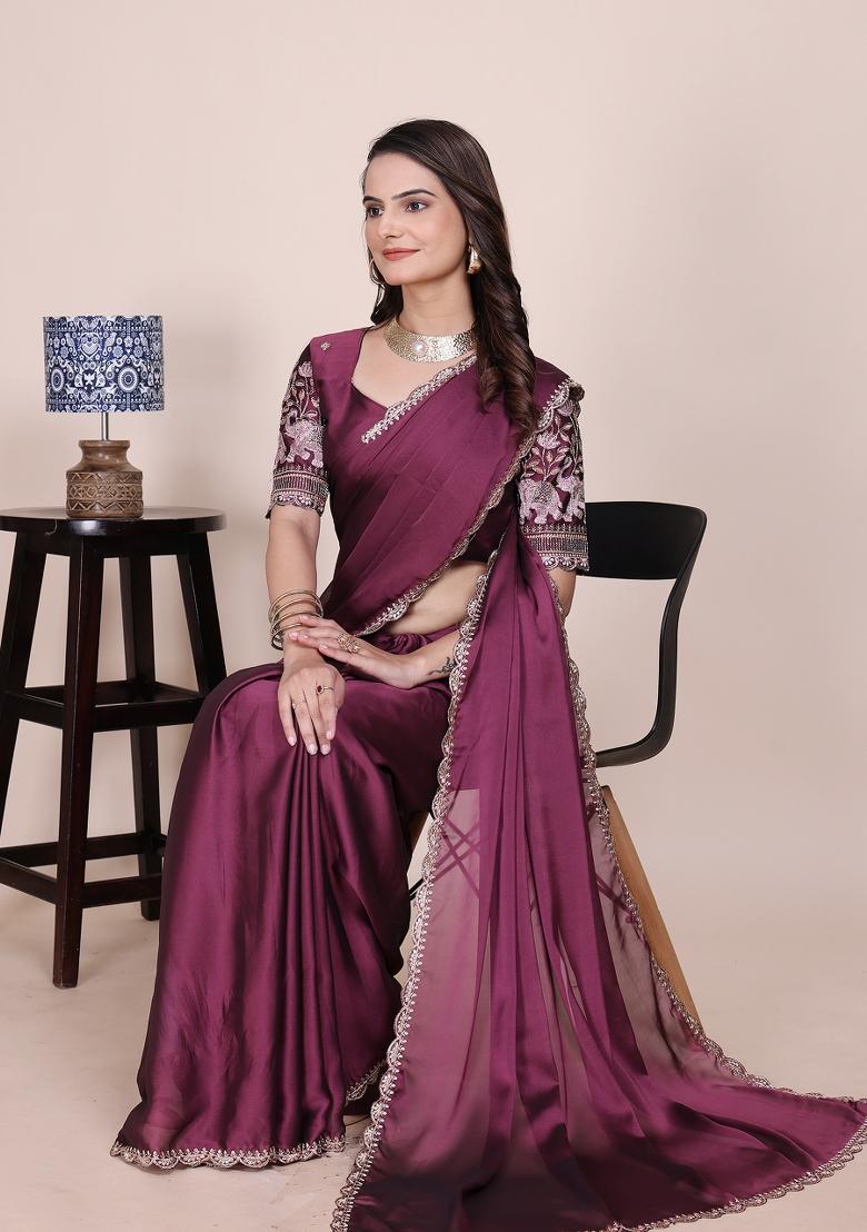 Dusty Wine Embroidered Chiffon Saree Set