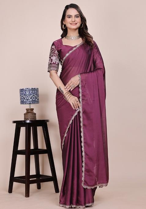 Dusty Wine Embroidered Chiffon Saree Set
