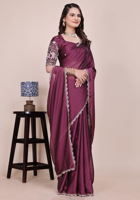 Dusty Wine Embroidered Chiffon Saree Set