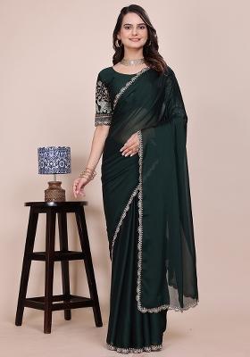 Bottel Green Embroidered Chiffon Saree Set
