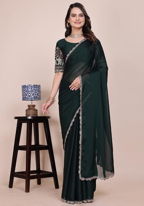 Bottel Green Embroidered Chiffon Saree Set