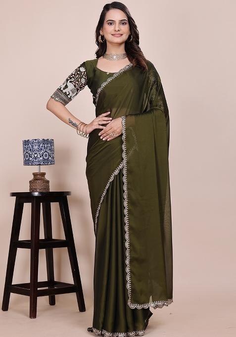 Green Embroidered Chiffon Saree Set