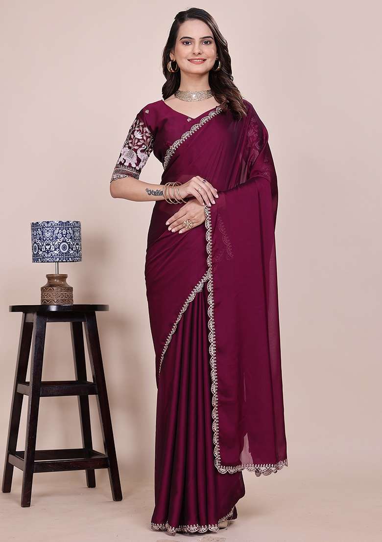 Wine Embroidered Chiffon Saree Set - Indya