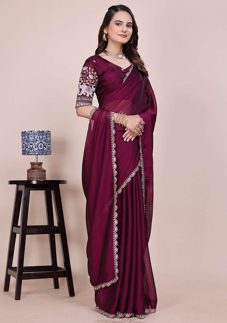 Wine Embroidered Chiffon Saree Set - Indya