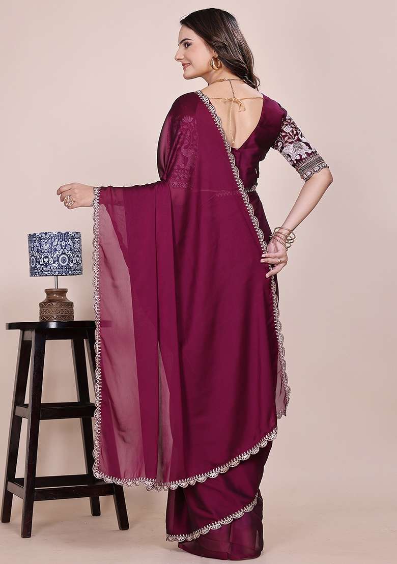 Wine Embroidered Chiffon Saree Set - Indya