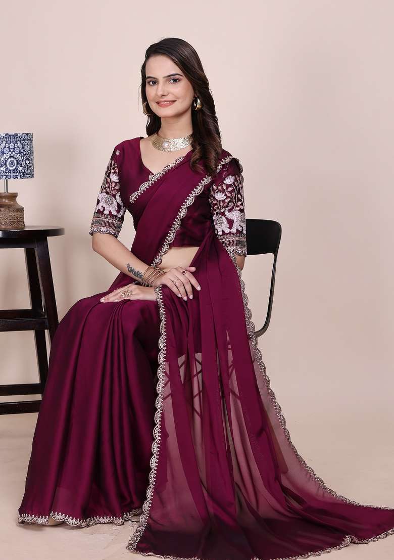 Wine Embroidered Chiffon Saree Set - Indya