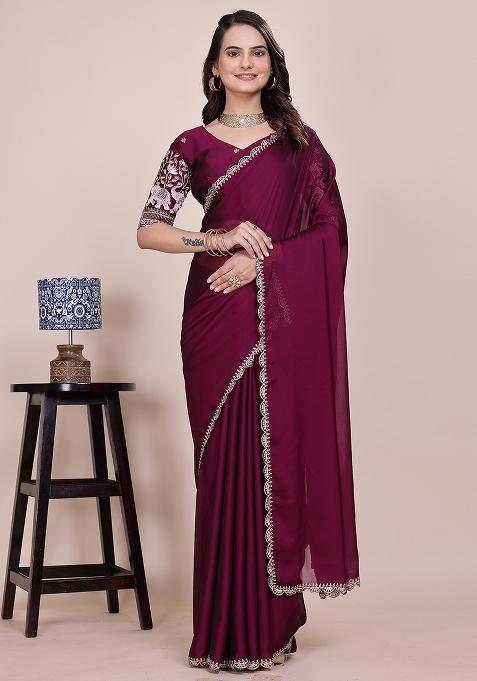 Wine Embroidered Chiffon Saree Set