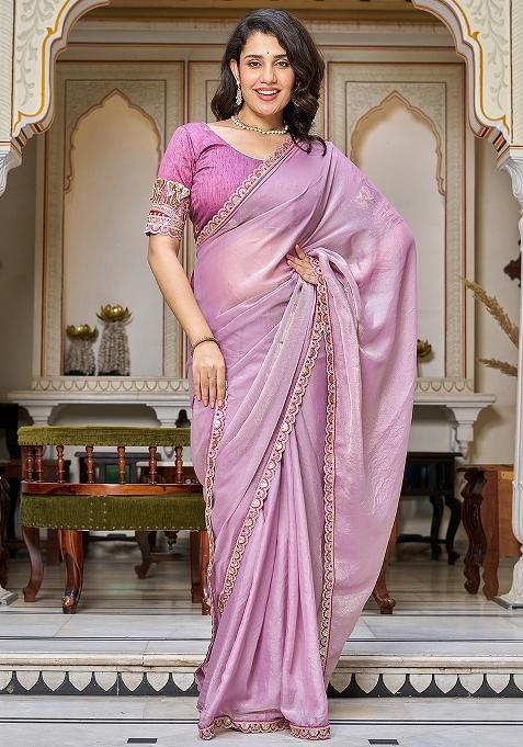 Dusty Lavander Embroidered Blended Saree Set