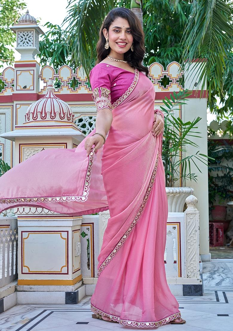Dusty Pink Embroidered Blended Saree Set