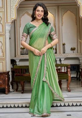 Dusty Pista Embroidered Blended Saree Set