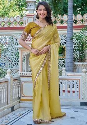 Dusty Yellow Embroidered Blended Saree Set