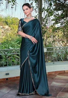 Bottle Green Embroidered Satin Saree Set