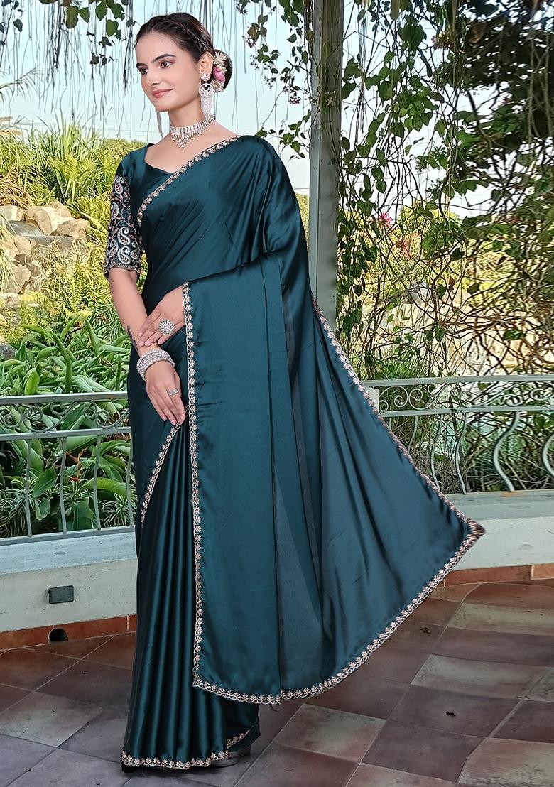 Bottle Green Embroidered Satin Saree Set - Indya