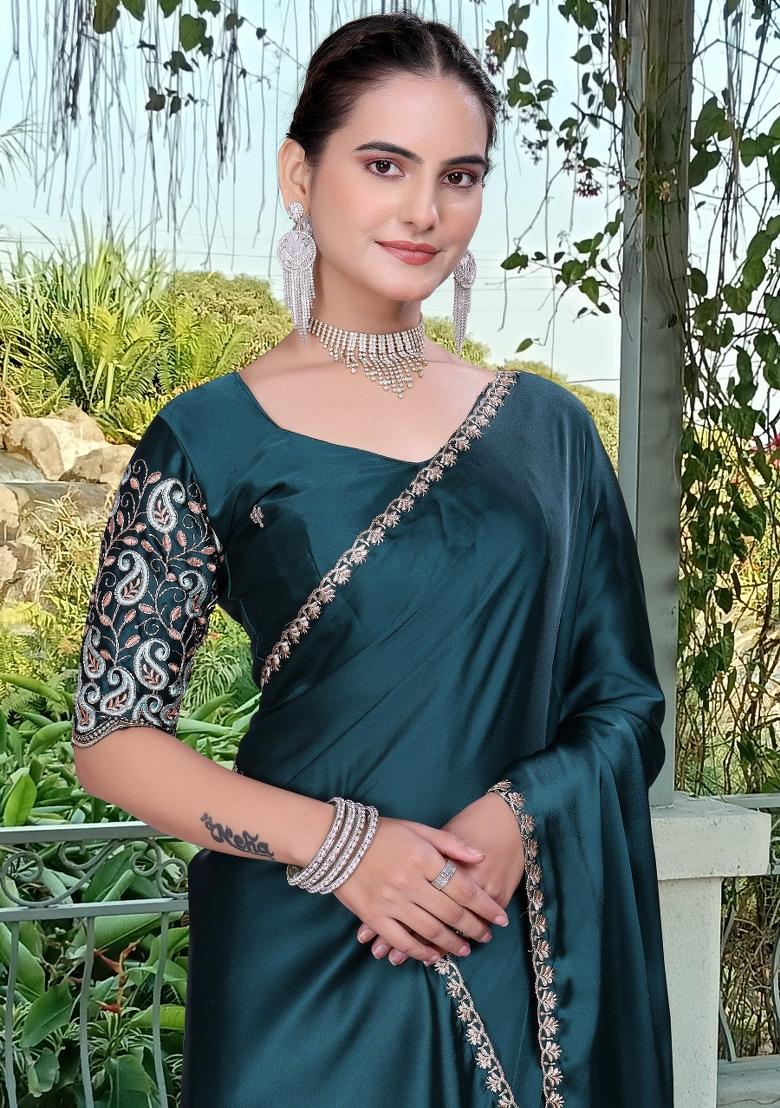 Bottle Green Embroidered Satin Saree Set - Indya