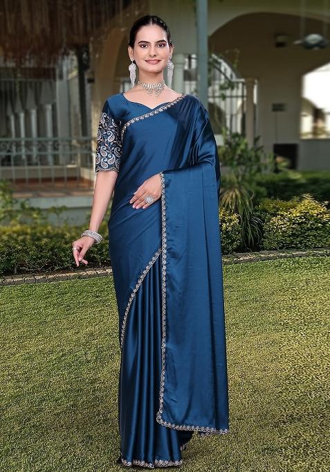 Morpeach Embroidered Satin Saree Set