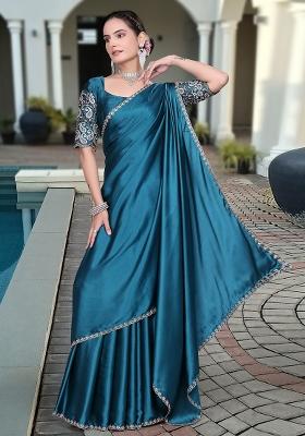 Rama Embroidered Satin Saree Set