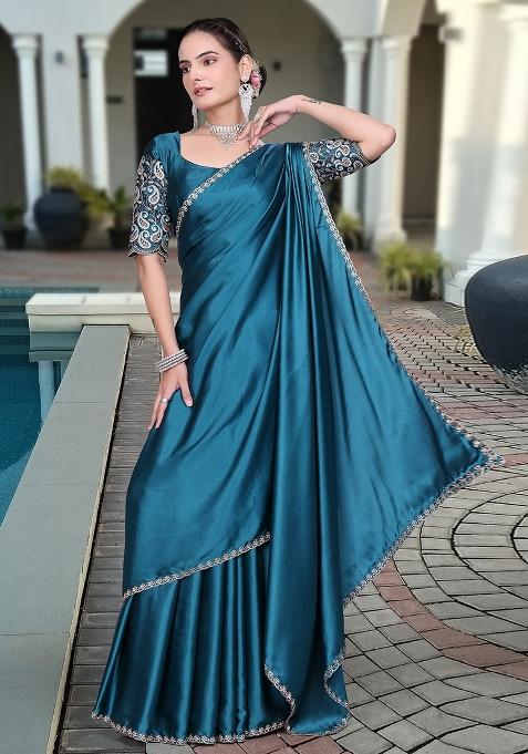Rama Embroidered Satin Saree Set