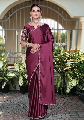 Wine Embroidered Satin Saree Set