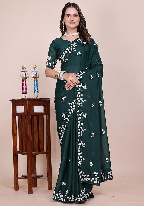 Dark Bottel Green Embroidered Georgette Saree Set