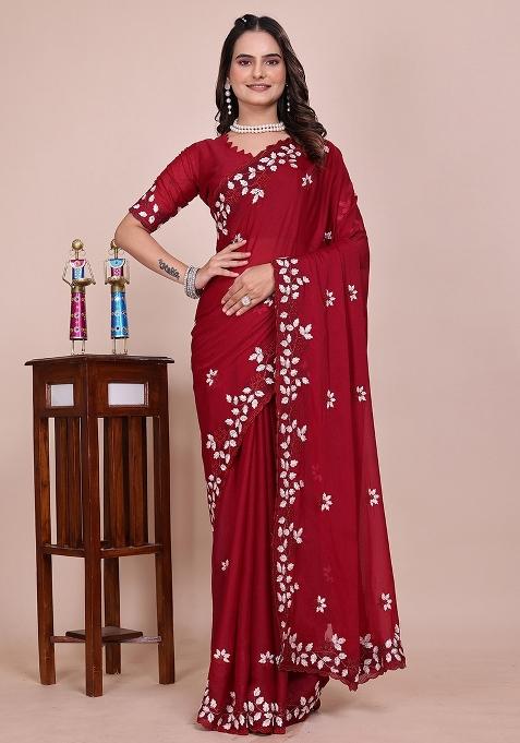 Dark Cherry Embroidered Georgette Saree Set