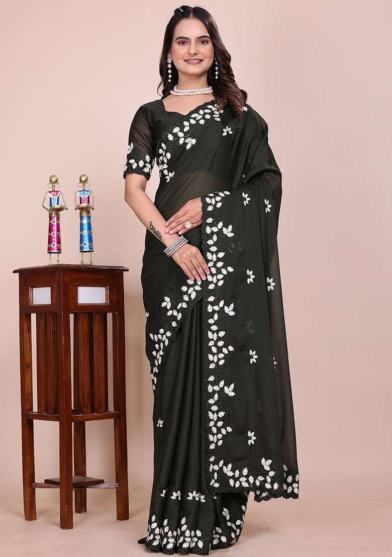 Dark Mehandi Embroidered Georgette Saree Set - Indya