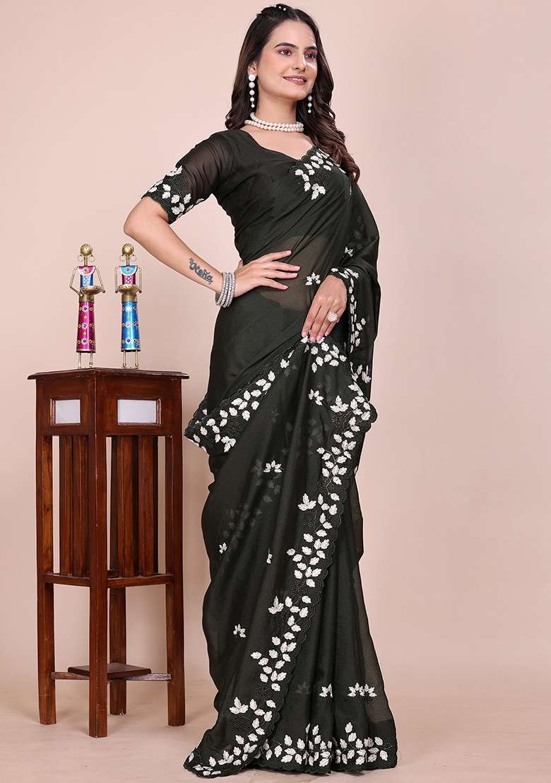 Dark Mehandi Embroidered Georgette Saree Set - Indya