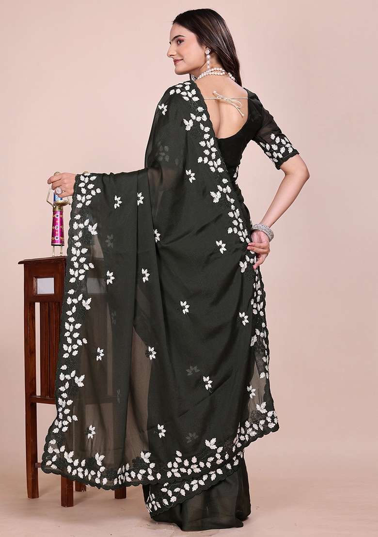 Dark Mehandi Embroidered Georgette Saree Set - Indya