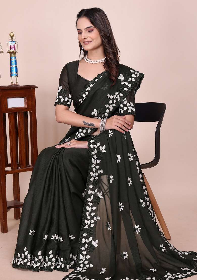 Dark Mehandi Embroidered Georgette Saree Set - Indya