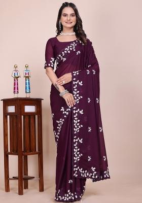 Dark Wine Embroidered Georgette Saree Set