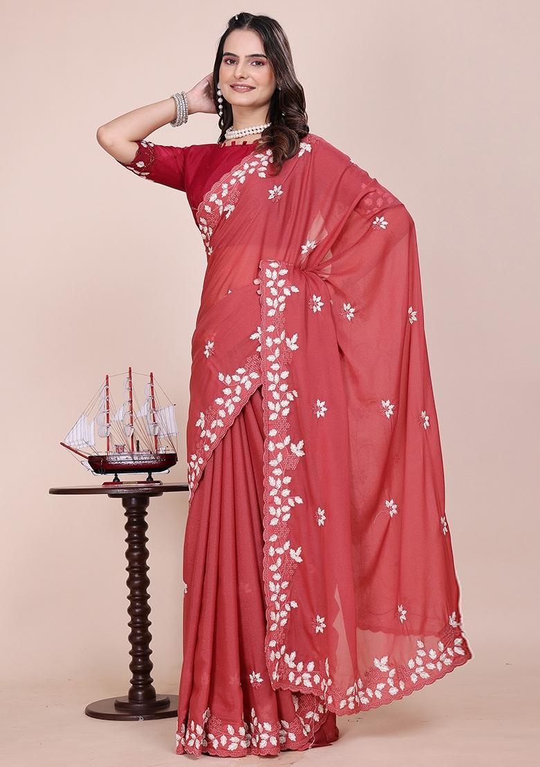 Dusty Gajri Embroidered Georgette Saree Set - Indya