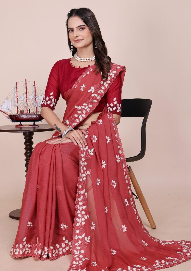 Dusty Gajri Embroidered Georgette Saree Set - Indya