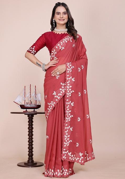 Dusty Gajri Embroidered Georgette Saree Set