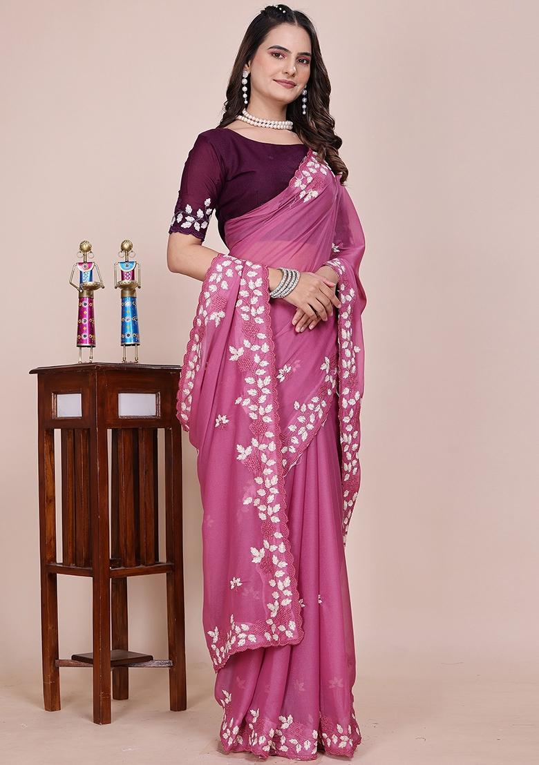 Dusty Pink Embroidered Georgette Saree Set