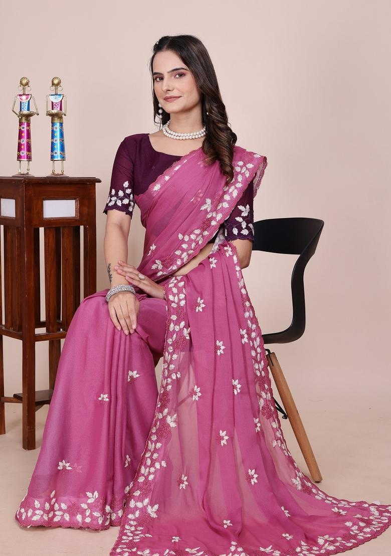 Dusty Pink Embroidered Georgette Saree Set