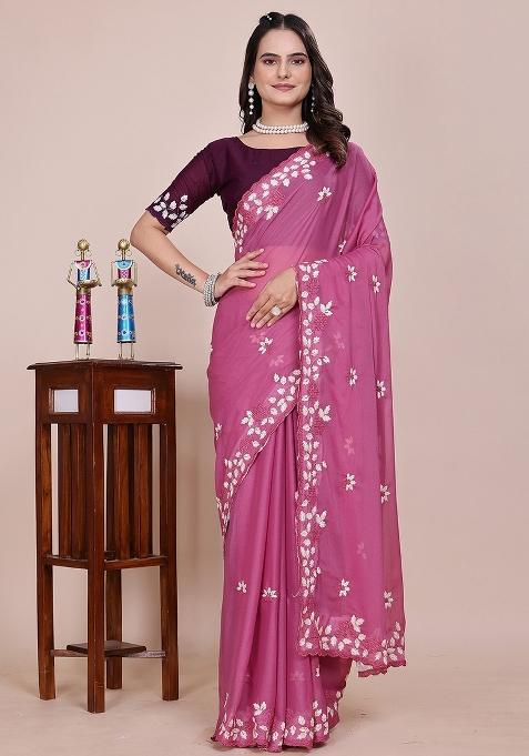 Dusty Pink Embroidered Georgette Saree Set