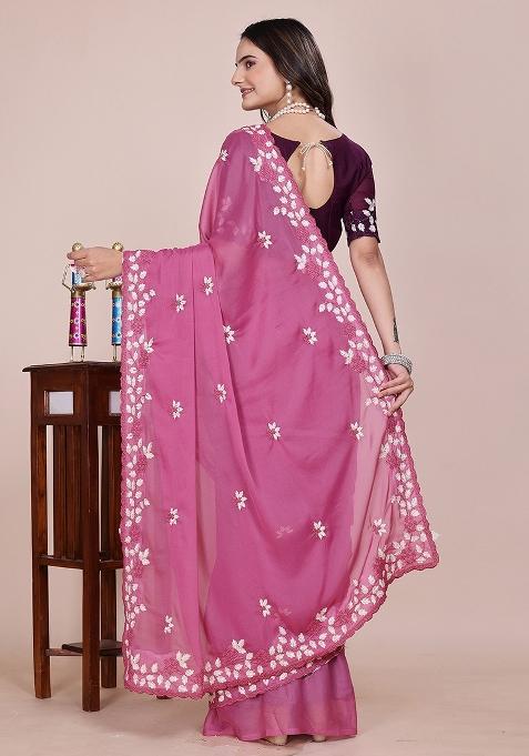 Dusty Pink Embroidered Georgette Saree Set
