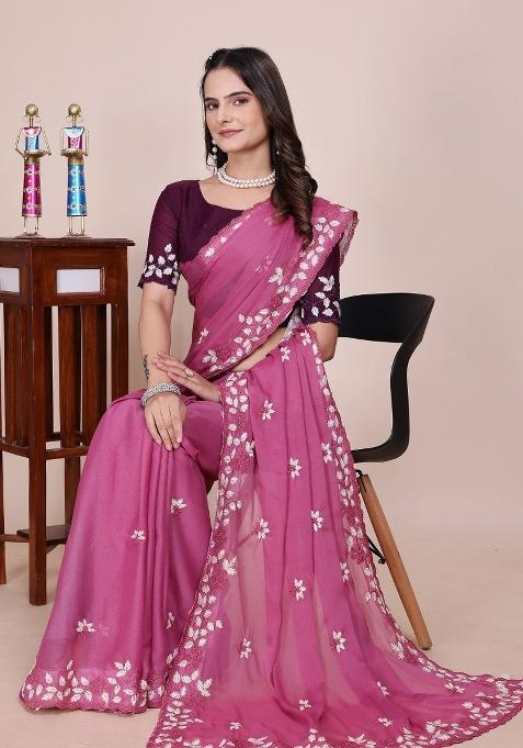 Dusty Pink Embroidered Georgette Saree Set
